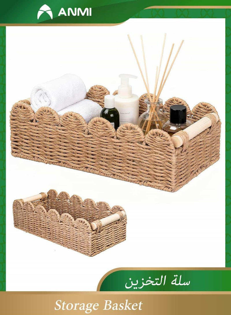 Anmi 1 Piece Wicker Storage Basket | Bathroom Toilet Paper Organizer | Ramadan & Eid Decor | Scalloped Edge with Wooden Handles for Bathroom Counter Bedroom Kitchen Nursery - Image 1